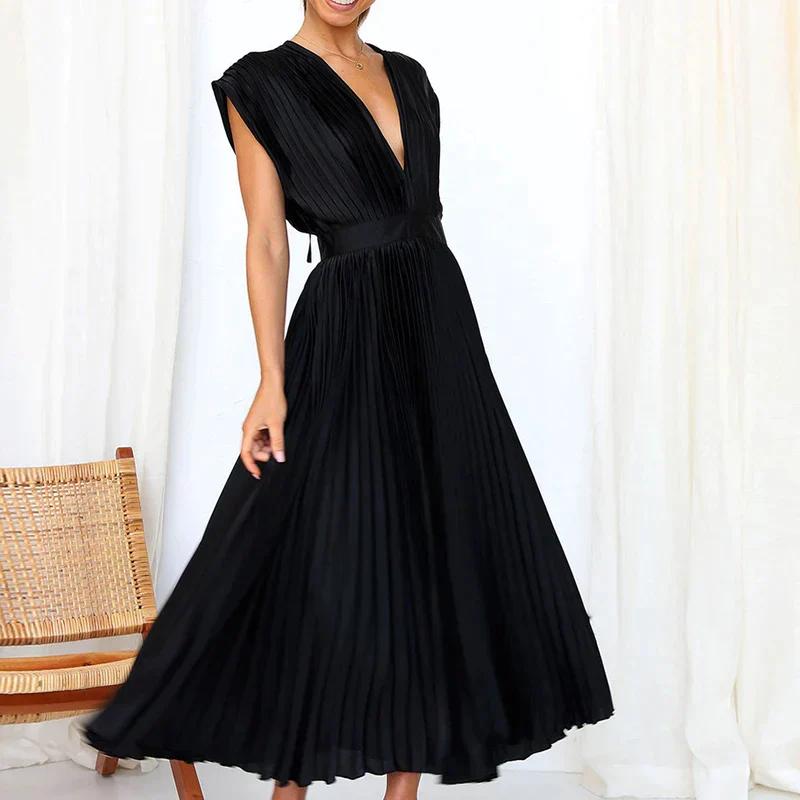 Zen - V-neck Maxi Dress with Pleats