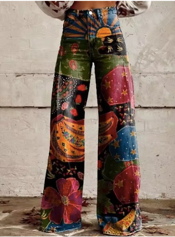 Celest - Cosmic Floral Print Wide-Leg Jeans