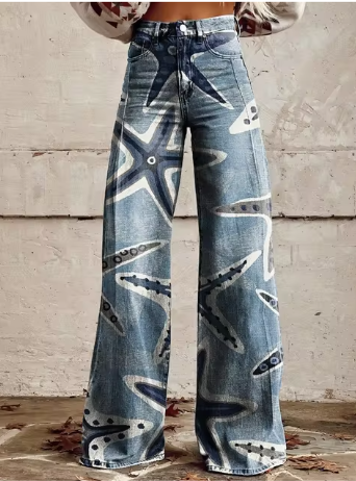 Coral - Starfish Print Wide-Leg Jeans