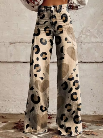 Leona | Heart Leopard Print Wide-Leg Jeans