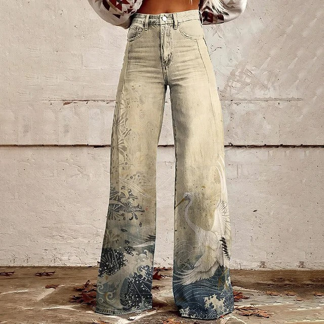 Elora - Crane Embroidered Baggy Jeans