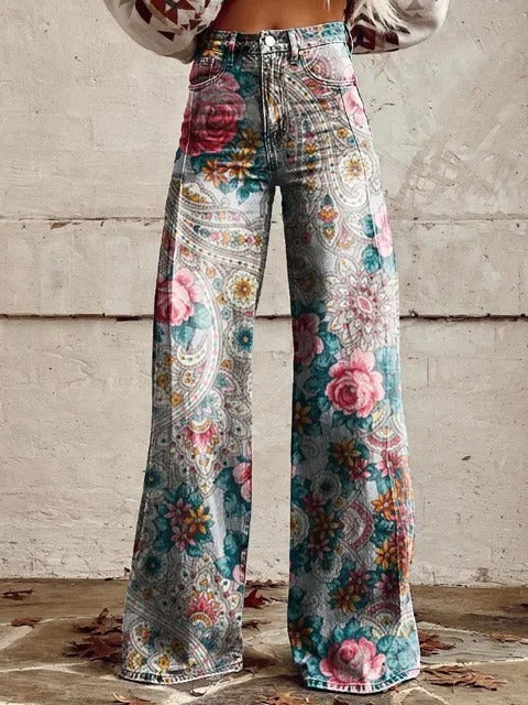 Ophelia | Vintage Paisley Rose Wide-Leg Pants