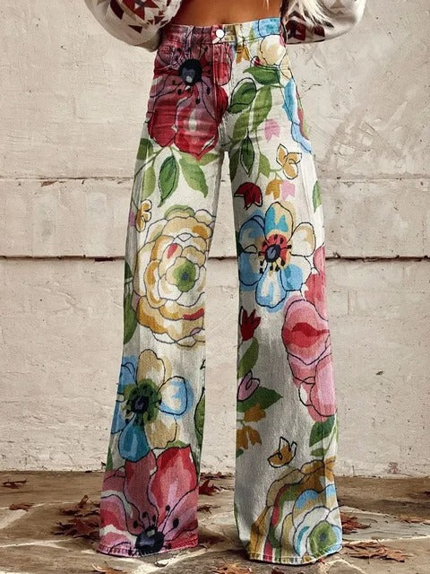 Gina - Watercolor Floral Wide-Leg Pants